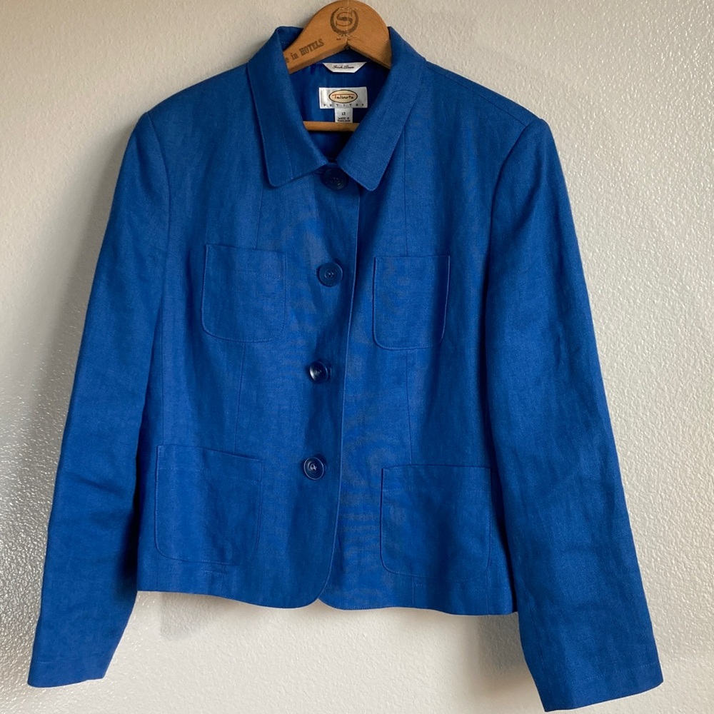 Vintage 90s Talbots Petites Royal Blue Irish Linen Blazer Preppy Jacket sz 12P